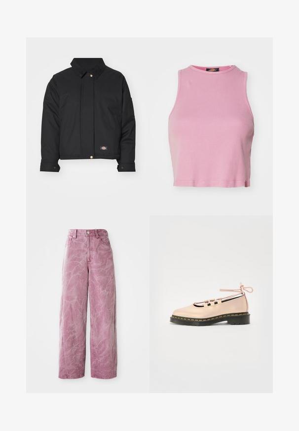 Dickies SEASONAL JACKET - Kerge jope - black; Roosa ribaga lühike topp ümmarguse kaeluse ja lühikeste varrukateta disainiga. Omab hemii, mis lõpeb just vöökoha kohal.; Roosa laia säärega teksad kõrge vöökoha ja tuhmika, tekstureeritud viimistlusega, nööbikinnituse ja küljetaskutega.; Kerge roosa nahast king, millel on ümar varvas, teksikinnitus ja must platvormpõhi, mis on kaunistatud kollaste õmblustega.