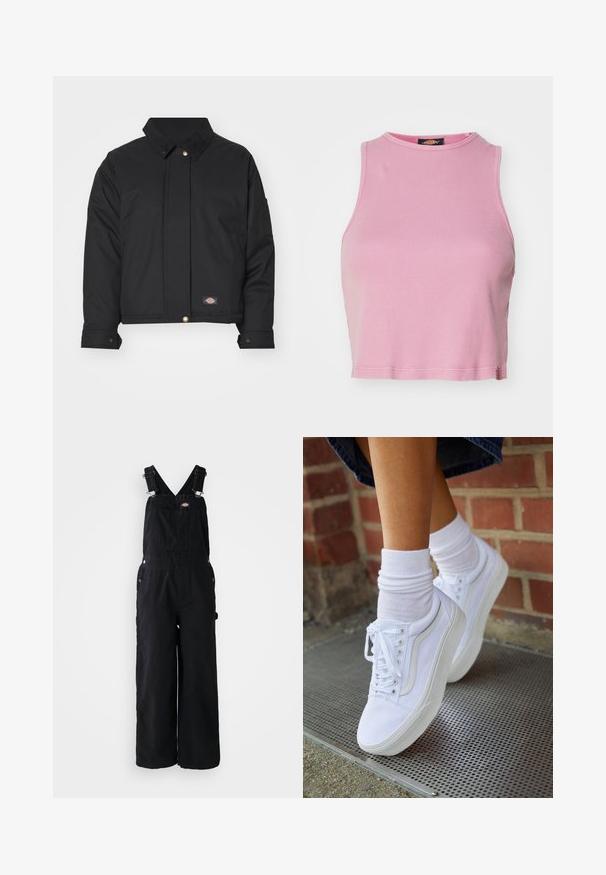 Dickies SEASONAL JACKET - Übergangsjacke - black; Rosa gerippter Cropped-Top mit rundem Halsausschnitt und ärmellosem Design. Besitzt einen Saum, der knapp über der Taille endet.; Schwarze Denim-Latzhosen mit weitem Bein, verstellbaren Schulterriemen, Fronttasche und silbernen Hardware-Akzenten. Glatte Textur, minimalistisches Design.; Weiße Leinensneaker mit Gummisohlen, ausgestattet mit sechs Ösen, runder Zehenpartie und dezenten Nähten, kombiniert mit weißen Knöchelsocken.