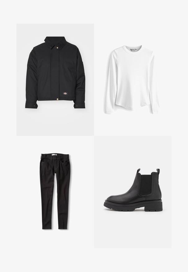 Dickies SEASONAL JACKET - Kerge jope - black; Valge pika varrukaga ribatud T-särk ümmarguse kaelusega. Omab vabalt langevat lõiget ja sujuvat tekstuuri, pakkudes mitmekesist ja hingavat valikut.; Mustad džinsid mustas värvuses, sirge lõikega, tavalise pihiku, vööaukude ja kahe ees oleva taskuga. Sile tekstuur, minimaalne riistvara.; Marc O'Polo FILIPPA - Platvormtallaga poolsaapad - black