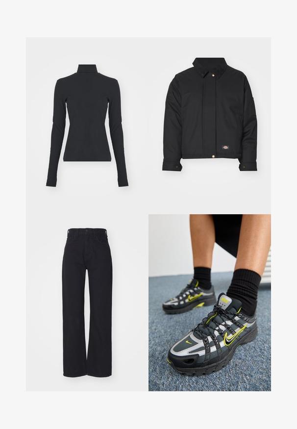 Dickies SEASONAL JACKET - Overgangsjakke - black; Sort ribbet turtle neck bluse med lange ærmer, tætsiddende pasform, glat tekstur og subtil stræk, designet til komfort og lagdeling.; Sorte højtaljede bredbenede jeans med frontknap og lynlås, bæltestropper og to forlommer på hvid baggrund.; Sorte og grå atletiske sko med refleksive sølvdetaljer, teksturerede mesh-paneler og lysegule detaljer. Snørebåndsdesign med struktureret sål.