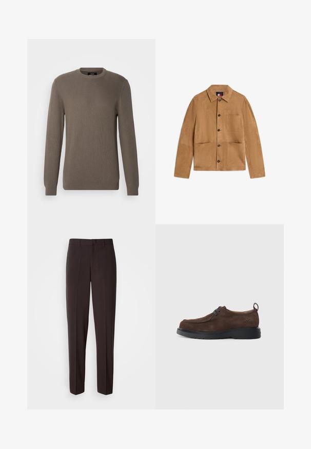Veste en daim marron clair à boutons avec trois poches avant et un col classique, présentée sur fond blanc.; Pull en maille côtelée marron avec un col rond, des manches longues et un tissu texturé. Design simple sans motifs supplémentaires ni matériel.; Pantalon noir sur mesure de coupe droite, présentant une texture lisse et une taille avec une fermeture à bouton unique.; Chaussure en suede brun avec un bout arrondi, des lacets gris et une semelle extérieure en caoutchouc noir. Présente un petit logo embossé sur le talon.