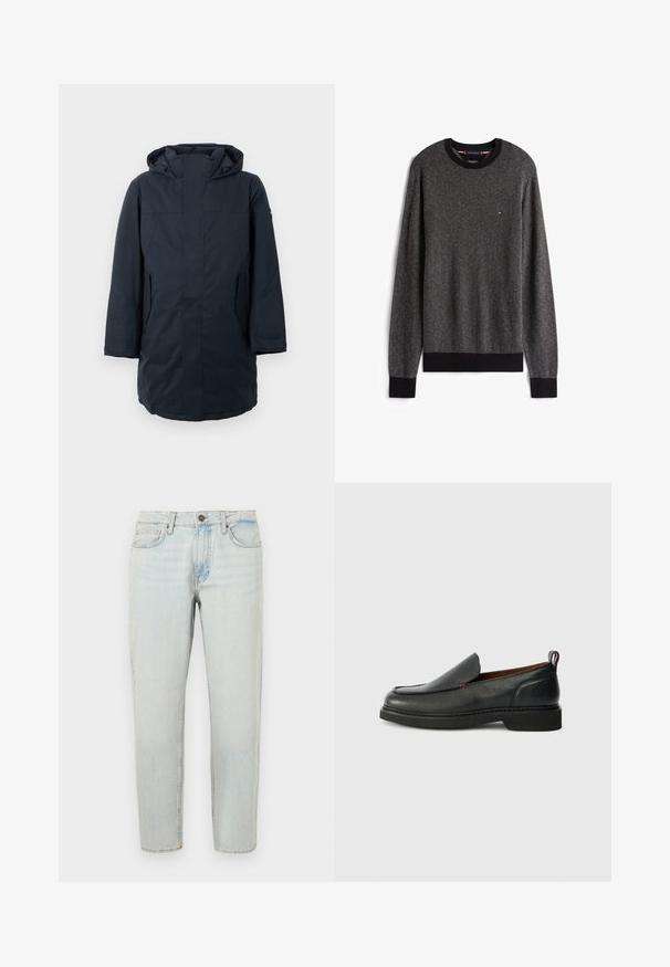 Tmavomodrá parka s kapucňou, so zipsom vpredu, postrannými vreckami a rovnými líniami. Vyrobená z vodeodolného materiálu.; Šedý pletený sveter s herringbone vzorom, čierny rebrovaný golier a manžety, s malým farebným logom na hrudi.; Svetlomodré denimové džínsy so strihom rovného nohu, päť-vreckovým designom a zapínaním na gombík. Textília vykazuje bledú, mierne poškodenú textúru.; Čierne kožené slip-on topánky s okrúhlym špičkou, textúrovaným zvrškom, kontrastným červeným prešívaním a nízkym podpätkom. Obsahujú slučkový úchyt.