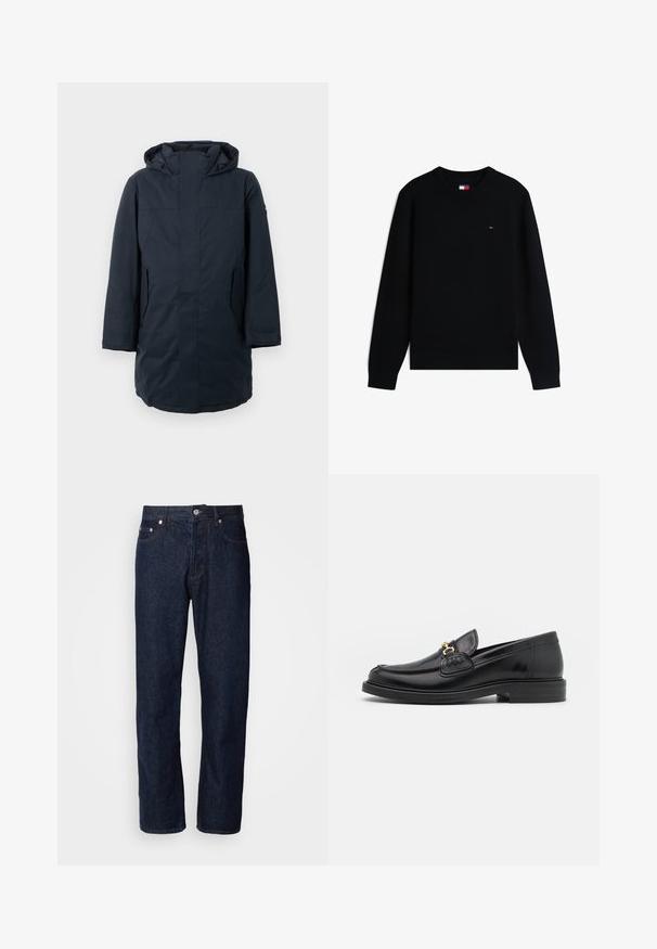 Mørkeblå parka-jakke med hætte, der har en frontlynlås, sidelommer og en lige skæring. Fremstillet af vandafvisende stof.; Sort langærmet rundhalset sweater med lille rød, hvid og blå logo på venstre bryst og matchende logo på indersiden af kraven.; Mørkeblå denimjeans med lige ben, der har fem lommer, knaplukning og diskrete syninger.; Sorte læder loafers med en rund tå, der har guld hardware accent og syningsdetaljer, placeret på en lav, tekstureret gummisål.