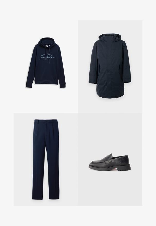 Donkerblauwe parka jas met een capuchon, voorzien van een rits aan de voorkant, zijvakken en een rechte snit. Gemaakt van waterafstotende stof.; Donkerblauwe hoodie met trekkoorden, met een opvallende witte en lichtblauwe logo tekst "Tom Tailor" met het jaar 1962. Zachte textuur.; Marineblauwe broek van gladde stof, met een enkele knoopsluiting, plooien en rechte pijpen. Minimalistisch ontwerp zonder merkbare patronen.; Zwarte leren instappers met een ronde neus, een verhoogde naad en een dikke rubbere zool. Eenvoudig ontwerp met minimale branding aan de zijkant.