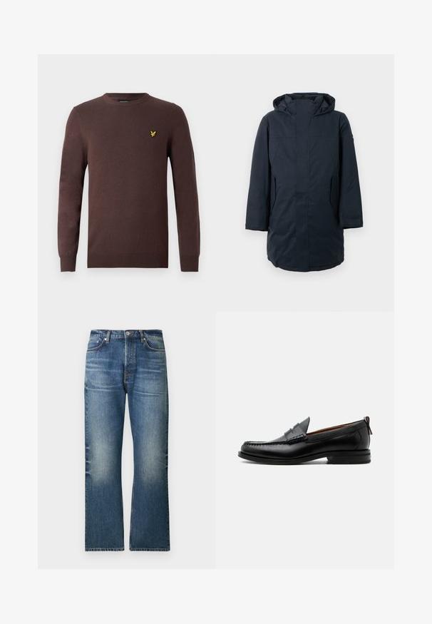Parka de color azul marino oscuro con capucha, que cuenta con un cierre frontal, bolsillos laterales y un diseño recto. Fabricada con tejido resistente al agua.; Suéter marrón hecho de tela de punto suave, con cuello redondo y mangas largas. Acento bordado de un pájaro amarillo en el pecho.; Jeans de mezclilla azul claro con diseño de pierna recta, que presenta áreas desteñidas, cinco bolsillos y un cierre clásico de botón en la cintura.; Mocasín de hombre de piel negra con costura moc toe, tira penny, cuello texturizado y tacón bajo apilado sobre fondo blanco.