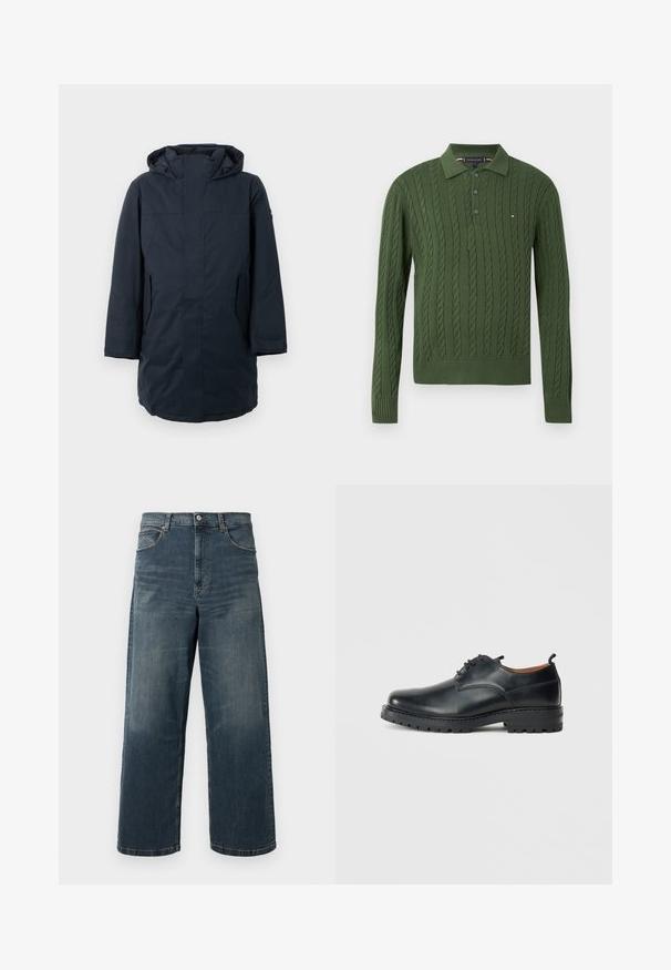 Mørkeblå parka-jakke med hætte, der har en frontlynlås, sidelommer og en lige skæring. Fremstillet af vandafvisende stof.; Grøn strikket pullover med kabelmønster, ribbede manchetter og krave. Har en tre-knaps lukning og et lille logo på brystet.; Bredde ben denim jeans i mørkeblå, med en falmet vask, fem lomme-design og solid syning. Knappelukning i taljen.; Sorte læder derby-sko med en glat overflade, rund tå, snøre-design og en tyk, robust gummisål.