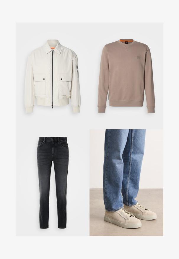 Lichtgewicht crème bomberjack met een ritssluiting aan de voorkant, twee voorzakken, geribde mouwen en een soepele textuur. Bevat een subtiele oranje accent binnenin de kraag.; Beige sweatshirt met lange mouwen, ronde hals en geribbelde manchetten. Bevat een klein, gewatteerd logo-opnaaiertje op de borst. Zachte stofstructuur.; Zwarte denim jeans met een slim fit, voorzien van een middelhoge taille, klassiek vijf-pocket ontwerp en subtiele vervaging op de benen.; BOSS GARYTENN_SDHDEL - Sneakers laag - natural ten