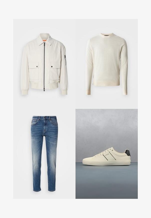 Lettet crembomberjakke med lynlås foran, to brystlommer, ribbede manchetter og en glat tekstur. Har en subtil orange accent indeni kraven.; Lys beige strikket sweater med lange ærmer og rund halsudskæring. Teksturér stof med en glat overflade, der har ribbede kanter og manchetter.; Blå denimjeans med lige ben, let falmet finish, klassisk fem-lomme-design og lynlås med knaplukning.; Cremefarvede sneakers med en glat tekstur, der har sorte accenter og branding. Klassisk snørebåndsdesign med rund tå og gummisål.