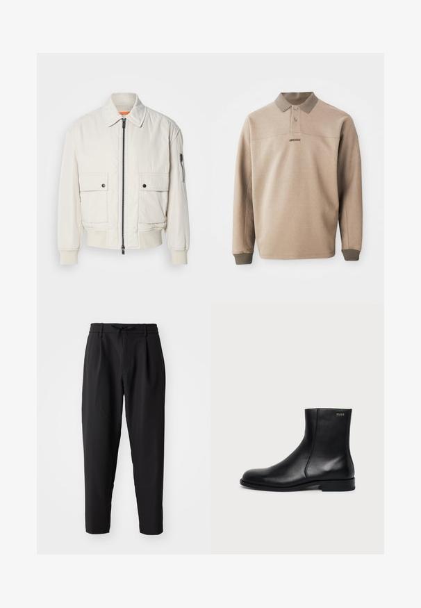 Lettet crembomberjakke med lynlås foran, to brystlommer, ribbede manchetter og en glat tekstur. Har en subtil orange accent indeni kraven.; Beige polo t-shirt lavet af blød stof, med ribbede krave og manchetter, to knapper og et diskret logo foran.; Sorte tapered bukser med elastisk talje og snor. Glat stof med en let tekstur, udstyret med læg og sidelommer.; Sort læderankelstøvle med lav hæl, sidesyning og lille "HUGO" logo på den øverste manchet mod en ensfarvet baggrund.
