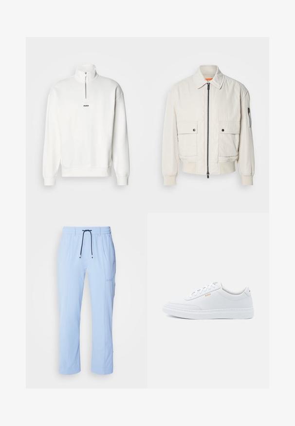 Lettet crembomberjakke med lynlås foran, to brystlommer, ribbede manchetter og en glat tekstur. Har en subtil orange accent indeni kraven.; Hvid pullover sweatshirt med høj krave og halvlukning, der har et lille sort "HUGO" logo centreret på brystet. Blød stoftekstur.; Lyseblå, letvægtige joggerbukser med elastisk talje, snørrebånd og diskrete sidelommer. Har brandlogo på højre ben.; Hvide lædersneakers med glat tekstur, rund tå og ton-i-ton syning. Har blå snørebånd og et gult logo på siden.