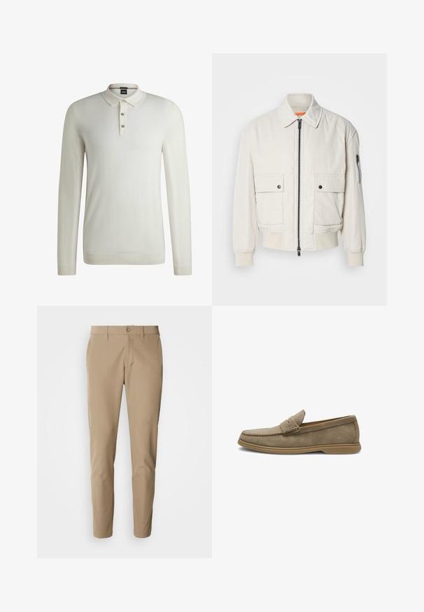 Lettet crembomberjakke med lynlås foran, to brystlommer, ribbede manchetter og en glat tekstur. Har en subtil orange accent indeni kraven.; BOSS LANCIONE - Striktrøje - open white eleven; Beige bukser lavet af glat stof med lige snit, der har en knaplukning og for- lommer, samt bæltestropper.; Lysebrun ruskind herre loafer med mokasinsyning og flad gummisål, sidevisning på hvid baggrund.