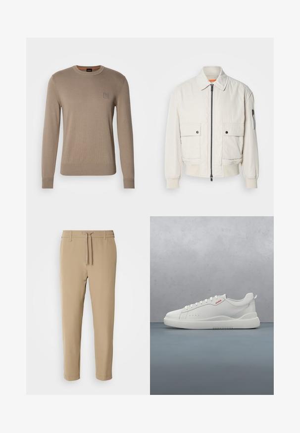 Lettet crembomberjakke med lynlås foran, to brystlommer, ribbede manchetter og en glat tekstur. Har en subtil orange accent indeni kraven.; Herrebeige crewneck sweater med lange ærmer, ribbede manchetter og kant, med et lille firkantet logo på brystet.; Beige, tapered bukser med elastisk talje og snor. Glat stof med et rent design uden synlige mønstre eller hardware.; Hvide sneakers med en glat læderfinish, rund tå, fire snørehuller, subtile perforeringer og en rød logo detalje på siden.