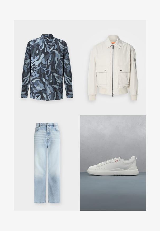Veste bomber légère en crème avec fermeture éclair sur le devant, deux poches avant, poignets côtelés, et une texture lisse. Présente un subtil accent orange à l'intérieur du col.; Chemise à manches longues en tissu doux, présentant une base bleu foncé avec des motifs abstraits de feuilles bleu clair, un devant à boutons et un col.; Jeans bleu clair taille haute à jambes droites, avec poches avant, passants de ceinture et fermeture par bouton.; Sneaker blanche avec une finition en cuir lisse, bout rond, quatre œillets, perforations subtiles et un détail de logo rouge sur le côté.