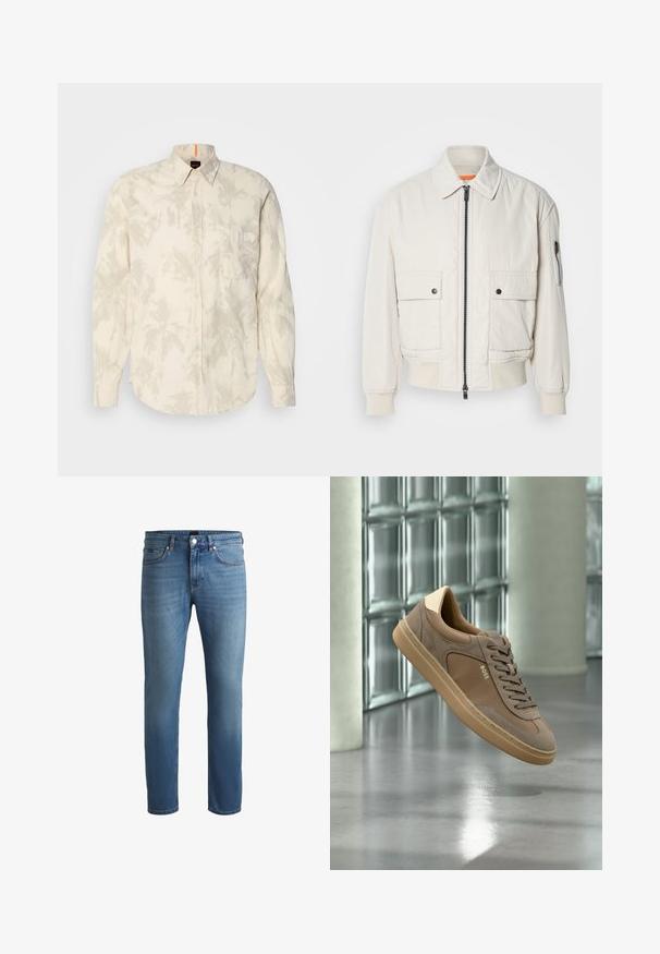 Leichte Bomberjacke aus Creme mit Reißverschluss vorne, zwei Fronttaschen, gerippten Bündchen und einer glatten Textur. Verfügt über einen dezenten orangen Akzent innen am Kragen.; Hellbeige Hemd mit Knopfleiste und Palmenblattmuster, langen Ärmeln, einer Brusttasche und abgerundetem Saum. Hergestellt aus weichem Stoff mit glatter Textur.; Hellblaue Jeans aus Denim mit regular Fit, glatter Textur, Fünf-Taschen-Design und einem Reißverschluss mit Knopfverschluss.; Beiger Freizeitsneaker mit Schnürsenkeln und „BOSS“-Logo, der über einem polierten Betonboden mit Glasbausteinwand im Hintergrund schwebt.