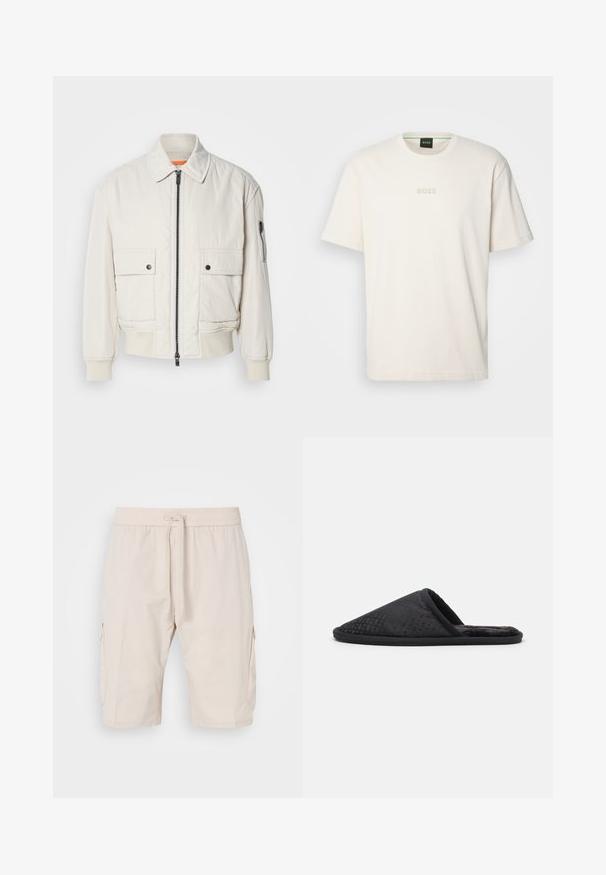 Leichte Bomberjacke aus Creme mit Reißverschluss vorne, zwei Fronttaschen, gerippten Bündchen und einer glatten Textur. Verfügt über einen dezenten orangen Akzent innen am Kragen.; BOSS TEE - T-Shirt basic - open white; Beige Cargo-Shorts mit einem elastischen Bund und Kordelzug, ausgestattet mit zwei Seitentaschen und einem glatten, leichten Stoff.; BOSS HOME SLIP - Hausschuh - black