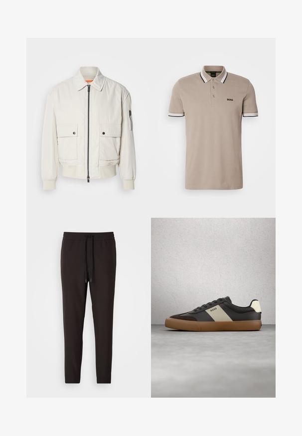 Veste bomber légère en crème avec fermeture éclair sur le devant, deux poches avant, poignets côtelés, et une texture lisse. Présente un subtil accent orange à l'intérieur du col.; Polo beige avec un col classique, des manches courtes, et des finitions ornées d'accents noirs et blancs. Logo 'BOSS' brodé sur la poitrine.; Pantalon de jogging noir en tissu doux, avec une taille élastique et un cordon de serrage, des jambes fuselées et sans motifs ni embellissements visibles.; Baskets noires et brunes avec une bande beige et le logo "BOSS", flottant au-dessus d'un sol en béton gris et d'un mur en blocs de verre en arrière-plan.