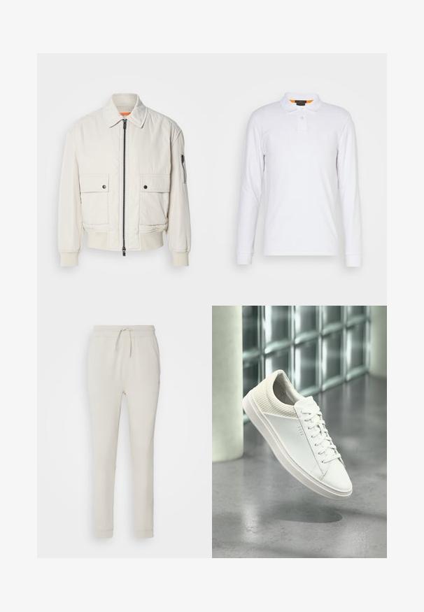 Chaqueta bomber ligera de crema con cremallera frontal, dos bolsillos delanteros, puños acanalados y una textura suave. Presenta un sutil acento naranja en el interior del cuello.; Camisa polo blanca de manga larga hecha de algodón, con un cuello de punta, una tapeta de dos botones y un pequeño logo en el pecho. Acento naranja en el interior del cuello.; Pantalones deportivos de color beige claro, hechos de una suave tela texturizada. Cuentan con una cinturilla con cordón, puños acanalados y bolsillos laterales. Ajuste entallado.; Zapatilla blanca de corte bajo con talón acolchado y logotipo lateral "BOSS" de marca, mostrada flotando en el interior sobre un suelo gris pulido.