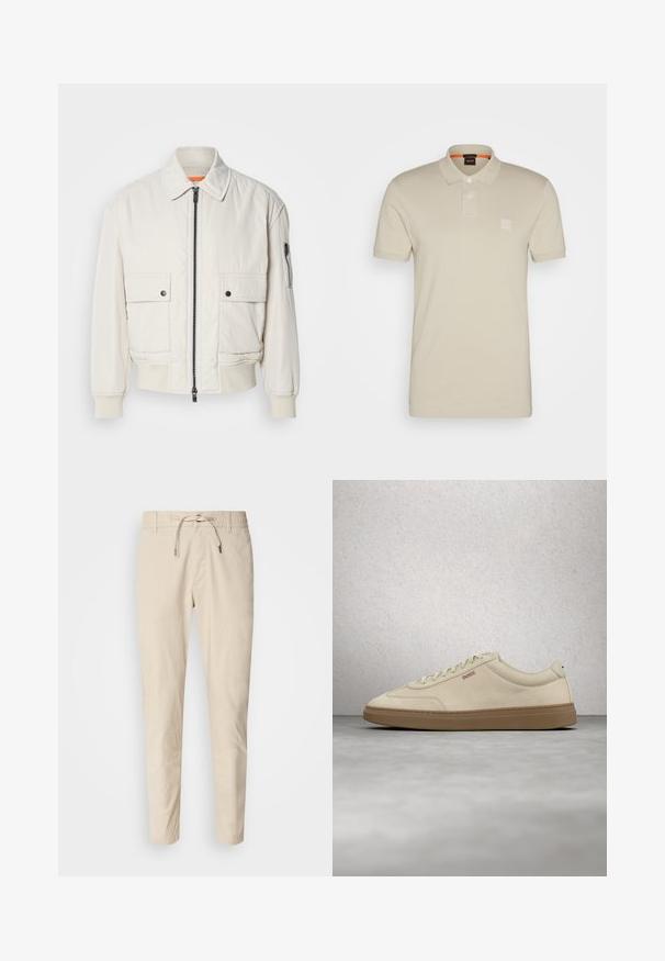 Chaqueta bomber ligera de crema con cremallera frontal, dos bolsillos delanteros, puños acanalados y una textura suave. Presenta un sutil acento naranja en el interior del cuello.; Polo beige hecho de tela suave, con cuello, tres botones y un parche de logo en el lado izquierdo del pecho. Mangas cortas y un diseño limpio.; Pantalones beige claros con una textura de tela suave, cinturilla elástica y cordón ajustable. Diseño de pierna ajustada. Sin patrones visibles.; Zapatilla de ante beige claro con suela de goma color caramelo, cordones prominentes y detalles de costura sutiles. Diseño limpio con una estética minimalista.