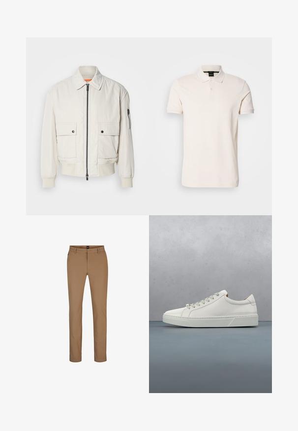 Veste bomber légère en crème avec fermeture éclair sur le devant, deux poches avant, poignets côtelés, et une texture lisse. Présente un subtil accent orange à l'intérieur du col.; Polo en couleur crème, fabriqué en tissu lisse, avec un col classique, deux boutons et des détails de logo subtils sur la poitrine.; Pantalon marron clair en mélange de coton avec une coupe droite, poches avant et fermeture éclair. Matériaux minimaux et sans motifs visibles.; Baskets en cuir blanc avec un bout arrondi, design minimaliste, lacets gris et semelle en caoutchouc gris texturé. Détails de couture subtils visibles.
