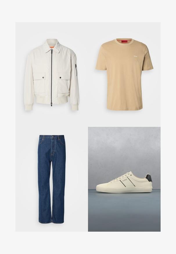 Chaqueta bomber ligera de crema con cremallera frontal, dos bolsillos delanteros, puños acanalados y una textura suave. Presenta un sutil acento naranja en el interior del cuello.; Camiseta de algodón beige con cuello redondo, mangas cortas y un pequeño logo blanco "HUGO" en el pecho. Textura suave sin patrones.; Jeans de denim azul con un diseño de pierna recta, que cuentan con una bragueta de botones, cinco bolsillos y costuras de contraste a lo largo de las costuras.; Zapatillas de color crema con una textura suave, que presentan acentos y marcas en negro. Diseño clásico de cordones con punta redonda y suela de goma.