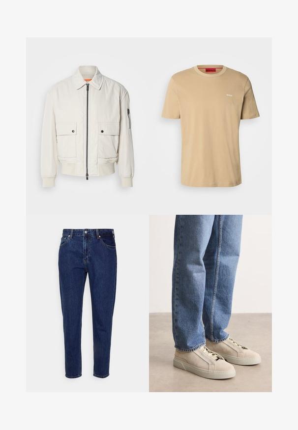 Lichtgewicht crème bomberjack met een ritssluiting aan de voorkant, twee voorzakken, geribde mouwen en een soepele textuur. Bevat een subtiele oranje accent binnenin de kraag.; Beige katoenen t-shirt met een ronde hals, korte mouwen en een klein wit "HUGO" logo op de borst. Een gladde textuur zonder patronen.; Donkerblauwe straight-leg spijkerbroek met knoop- en ritssluiting aan de voorkant, riemlussen, en voor- en achterzakken.; BOSS GARYTENN_SDHDEL - Sneakers laag - natural ten