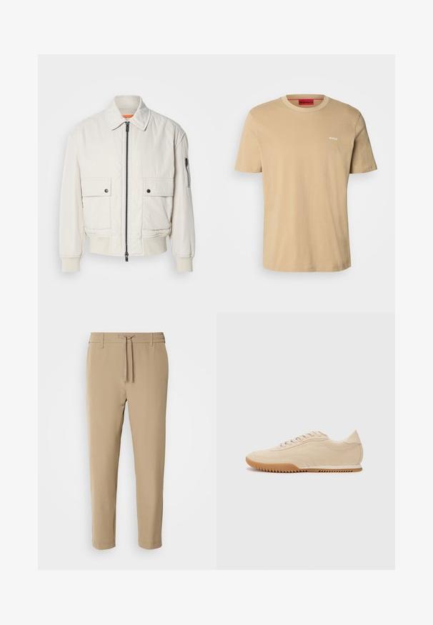 Lettet crembomberjakke med lynlås foran, to brystlommer, ribbede manchetter og en glat tekstur. Har en subtil orange accent indeni kraven.; Beige bomulds t-shirt med rund halsudskæring, korte ærmer og et lille hvidt "HUGO" logo på brystet. Glat tekstur uden mønstre.; Beige, tapered bukser med elastisk talje og snor. Glat stof med et rent design uden synlige mønstre eller hardware.; Beige ruskinds sneakers med et strømlinet design, der har et struktureret overdel, rund tå og en gummisål med et zigzag-mønster.