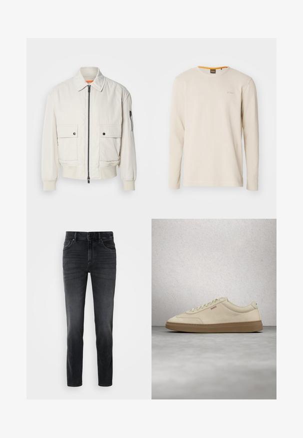 Leichte Bomberjacke aus Creme mit Reißverschluss vorne, zwei Fronttaschen, gerippten Bündchen und einer glatten Textur. Verfügt über einen dezenten orangen Akzent innen am Kragen.; Helles beige Langarm-T-Shirt aus strukturiertem Stoff. Mit Rundhalsausschnitt und einem kleinen Logo auf der Brust, das einen orangefarbenen Akzent im Kragen aufweist.; Schwarze Jeans aus Denim mit schlanker Passform, mittelhohem Bund, klassischem Fünf-Taschen-Design und dezenten Verblassungen an den Beinen.; Hellbeiger Wildledersneaker mit Gummisohle, auffälligen Schnürsenkeln und dezenten Nahtdetails. Sauberes Design mit minimalistischem Ästhetik.