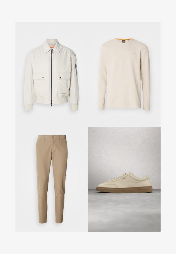 Leichte Bomberjacke aus Creme mit Reißverschluss vorne, zwei Fronttaschen, gerippten Bündchen und einer glatten Textur. Verfügt über einen dezenten orangen Akzent innen am Kragen.; Helles beige Langarm-T-Shirt aus strukturiertem Stoff. Mit Rundhalsausschnitt und einem kleinen Logo auf der Brust, das einen orangefarbenen Akzent im Kragen aufweist.; Beige Hose aus glattem Stoff mit geradem Schnitt, ausgestattet mit einem Knopfverschluss und frontalen Taschen, ergänzt durch Gürtelschlaufen.; Hellbeiger Wildledersneaker mit Gummisohle, auffälligen Schnürsenkeln und dezenten Nahtdetails. Sauberes Design mit minimalistischem Ästhetik.