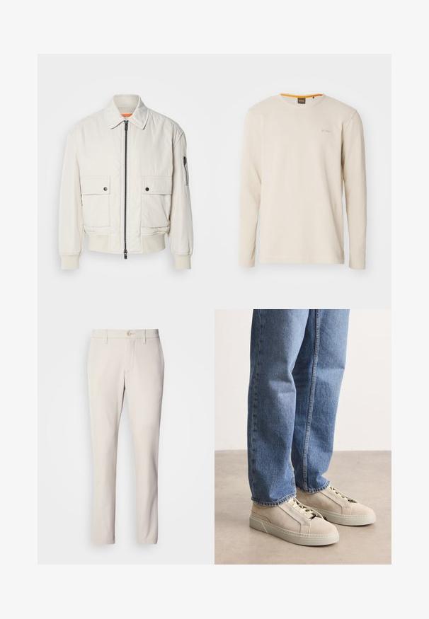 Veste bomber légère en crème avec fermeture éclair sur le devant, deux poches avant, poignets côtelés, et une texture lisse. Présente un subtil accent orange à l'intérieur du col.; T-shirt beige clair à manches longues en tissu texturé. Présente un col ras du cou et un petit logo sur la poitrine avec un accent orange à l'intérieur du col.; Pantalon beige à coupe slim, avec un système de fermeture à bouton à l'avant, un design à l'avant plat et une coupe droite, fabriqué en tissu en mélange de coton lisse.; BOSS GARYTENN_SDHDEL - Baskets basses - natural ten