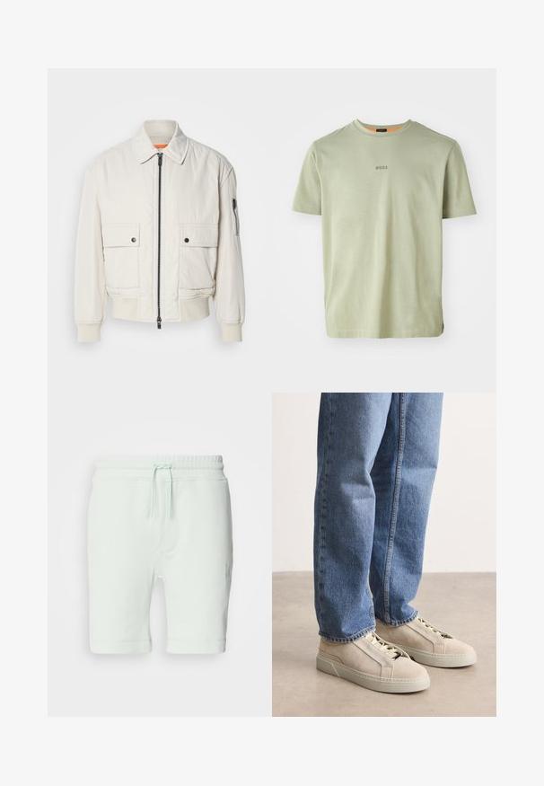 Leichte Bomberjacke aus Creme mit Reißverschluss vorne, zwei Fronttaschen, gerippten Bündchen und einer glatten Textur. Verfügt über einen dezenten orangen Akzent innen am Kragen.; Olivgrünes T-Shirt mit kurzen Ärmeln aus weichem Stoff, mit rundem Ausschnitt und einem kleinen "BOSS"-Logo auf der Vorderseite.; Helle mintgrüne Baumwollshorts mit elastischem Bund, verstellbarem Kordelzug, seitlichen Taschen und Logodetail am rechten Bein.; BOSS GARYTENN_SDHDEL - Sneaker low - natural ten