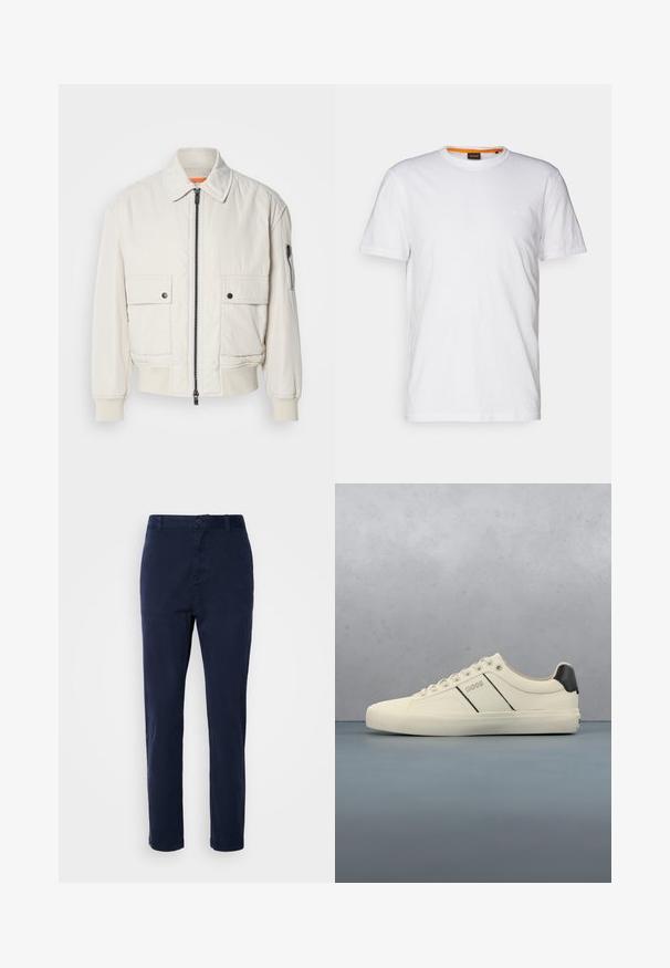 Lettet crembomberjakke med lynlås foran, to brystlommer, ribbede manchetter og en glat tekstur. Har en subtil orange accent indeni kraven.; Hvid bomulds T-shirt med rund hals, korte ærmer og et subtilt præget logo på brystet. Indvendigt mærke har en orange detalje.; Mørkeblå chinos lavet af letvægtsstof, med lige ben-design, knaplukning og sidelommer. Glat tekstur uden mønstre.; Cremefarvede sneakers med en glat tekstur, der har sorte accenter og branding. Klassisk snørebåndsdesign med rund tå og gummisål.