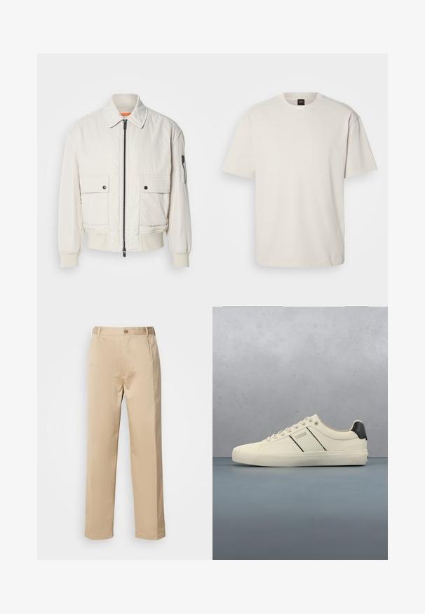 Chaqueta bomber ligera de crema con cremallera frontal, dos bolsillos delanteros, puños acanalados y una textura suave. Presenta un sutil acento naranja en el interior del cuello.; Camiseta de manga corta y cuello redondo en algodón color blanco roto, con un corte recto y un logo minimalista en el cuello. Textura suave, sin patrones.; Pantalones beige hechos de una tela ligera, con un diseño de pierna recta, cinturilla con trabillas y un solo botón en la parte frontal.; Zapatillas de color crema con una textura suave, que presentan acentos y marcas en negro. Diseño clásico de cordones con punta redonda y suela de goma.