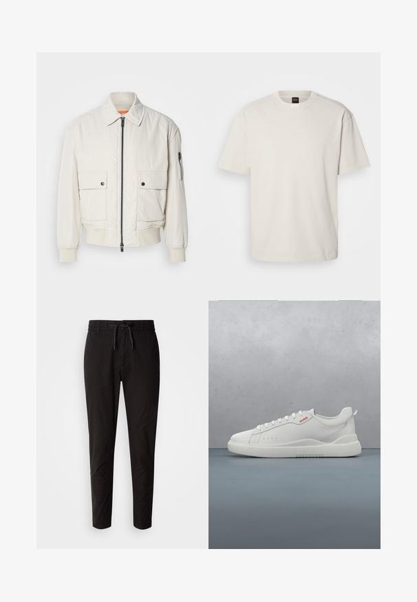 Chaqueta bomber ligera de crema con cremallera frontal, dos bolsillos delanteros, puños acanalados y una textura suave. Presenta un sutil acento naranja en el interior del cuello.; Camiseta de manga corta y cuello redondo en algodón color blanco roto, con un corte recto y un logo minimalista en el cuello. Textura suave, sin patrones.; Pantalones negros con cinturilla elástica y cordón, que presentan un ajuste estrecho y afilado y una tela suave y ligera.; Zapatilla blanca con un acabado de cuero liso, punta redonda, cuatro ojales, perforaciones sutiles y un detalle de logo rojo en el lateral.