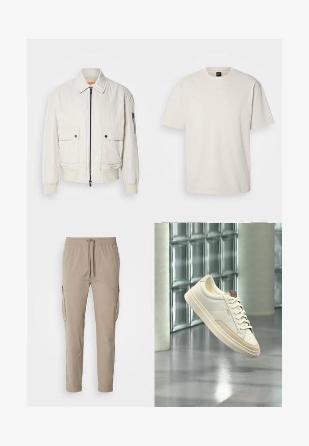 Chaqueta bomber ligera de crema con cremallera frontal, dos bolsillos delanteros, puños acanalados y una textura suave. Presenta un sutil acento naranja en el interior del cuello.; Camiseta de manga corta y cuello redondo en algodón color blanco roto, con un corte recto y un logo minimalista en el cuello. Textura suave, sin patrones.; Pantalones cargo beige con cintura elástica y cordón. Presenta bolsillos laterales y un diseño de pierna ajustada, fabricados en tela ligera.; Zapatilla blanca de perfil bajo con detalles y cordones beige, con la marca "BOSS", flotando sobre un suelo pulido con una pared de bloques de vidrio al fondo.