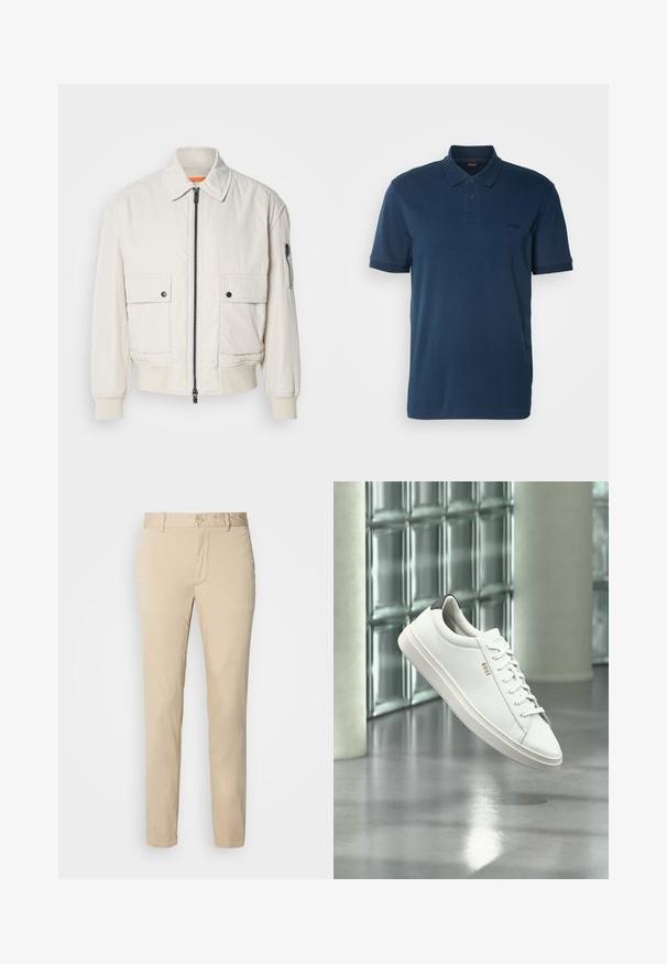 Lichtgewicht crème bomberjack met een ritssluiting aan de voorkant, twee voorzakken, geribde mouwen en een soepele textuur. Bevat een subtiele oranje accent binnenin de kraag.; BOSS Poloshirt - open blue; Beige katoenen chino's met een recht model, voorzien van een knoopsluiting en voorzakken. Soepele textuur zonder zichtbare patronen of accenten.; Witte leren lage sneaker met veters, zwarte hielstrook en "BOSS"-logo, zwevend binnenshuis bij een glazen stenen muur en gepolijste vloer.