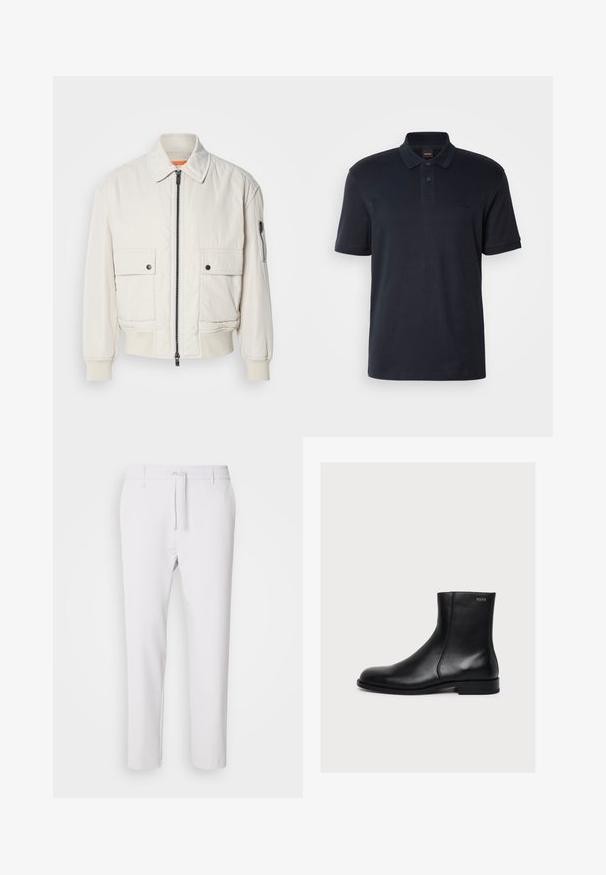 Kevyt kerma bomber-takki vetoketjulla, kahdella etutaskulla, ribbaus-hihansuilla ja sileällä pinnalla. Sisäkauluksessa on hienovarainen oranssi yksityiskohta.; Tummansininen polo-paita, joka on valmistettu puuvillasta. Paita sisältää klassisen kauluksen, lyhyet hihat ja huomaamattoman logon rinnassa. Sileä pinta.; Valkoiset kapeat housut, joissa on joustava vyötärö, narukiinnitys, sileä pinta eikä näkyviä kuvioita tai koristeita.; Musta sileä nahkainen nilkkasaapas, jossa matala korko ja sivuvetoketju, Hugo-merkintä lähellä yläreunaa.
