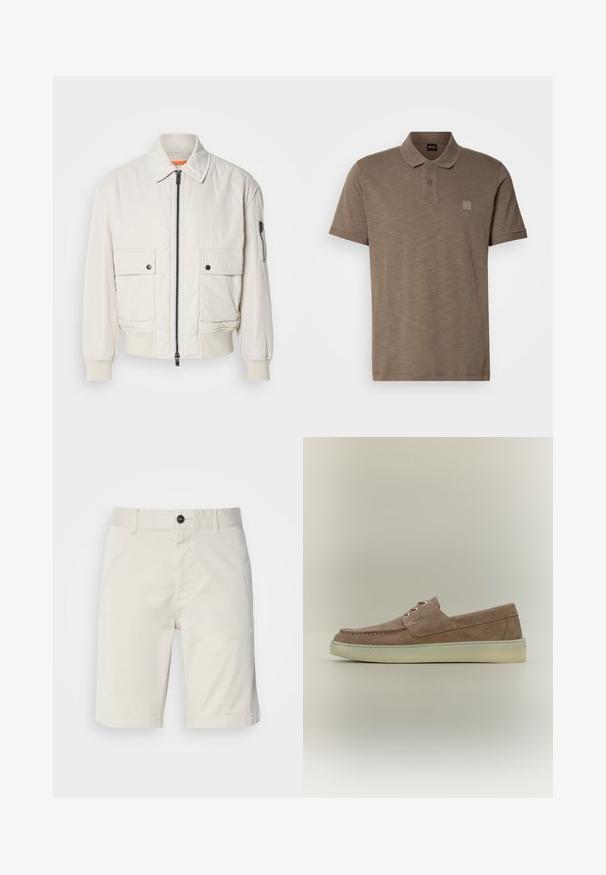 Chaqueta bomber ligera de crema con cremallera frontal, dos bolsillos delanteros, puños acanalados y una textura suave. Presenta un sutil acento naranja en el interior del cuello.; Camisa polo marrón hecha de tela texturizada, con un cuello de dos botones y un discreto parche del logo en el lado izquierdo del pecho. Incluye mangas cortas.; Shorts de color beige claro fabricados en algodón, con cierre de botón, bolsillos delanteros y dobladillo cosido. Textura suave con un diseño casual.; Zapato tipo slip-on de ante marrón con punta redondeada, suela de goma blanca en contraste y diseño minimalista con dos ojales decorativos.
