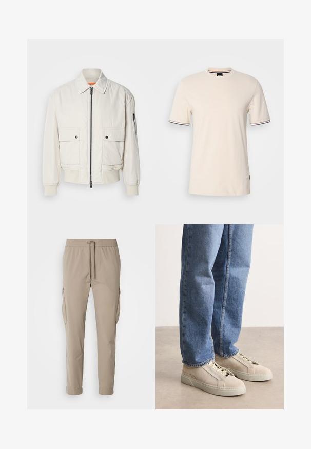 Lichtgewicht crème bomberjack met een ritssluiting aan de voorkant, twee voorzakken, geribde mouwen en een soepele textuur. Bevat een subtiele oranje accent binnenin de kraag.; Korte mouwen beige T-shirt van katoen, met een ronde hals, contrasterende afwerking op de mouwen en een logo-label aan de zijkant.; Beige cargo broek met een elastische tailleband en trekkoord. Voorzien van zijzakken en een taps toelopend ontwerp, gemaakt van lichte stof.; BOSS GARYTENN_SDHDEL - Sneakers laag - natural ten