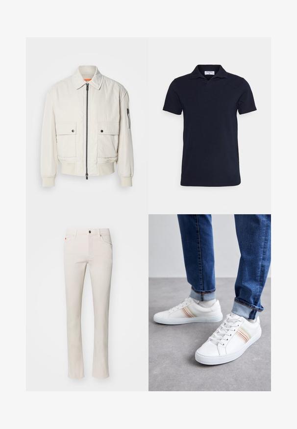 Leichte Bomberjacke aus Creme mit Reißverschluss vorne, zwei Fronttaschen, gerippten Bündchen und einer glatten Textur. Verfügt über einen dezenten orangen Akzent innen am Kragen.; Navyblaues Poloshirt aus Baumwolle mit klassischen Kragen und kurzen Ärmeln. Einfaches Design mit glatter Textur.; Beige Straight-Leg-Jeans aus einem Baumwoll-Mischgewebe. Mit traditionellem Fünf-Taschen-Design und Metallknopfverschluss am Bund.; Weiße Leder-Sneaker mit mehrfarbigen Streifen, Schnürdesign, Gummisohle und gepolstertem Kragen, kombiniert mit blauen Jeans.