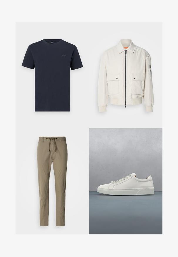 Leichte Bomberjacke aus Creme mit Reißverschluss vorne, zwei Fronttaschen, gerippten Bündchen und einer glatten Textur. Verfügt über einen dezenten orangen Akzent innen am Kragen.; Marineblaues Baumwoll-T-Shirt mit Rundhalsausschnitt, kurzen Ärmeln und einem kleinen, grauen Markenlogo auf der linken Brust. Angenehme Textur.; Khakihosen mit elastischem Bund und Kordelzug, gerade geschnitten und mit glatter Textur. Keine sichtbaren Muster oder Akzente.; Weißes Leder-Sneaker mit abgerundetem Zehenbereich, minimalistisches Design, graue Schnürsenkel und einer strukturierten grauen Gummisohle. Dezente Nähte sichtbar.