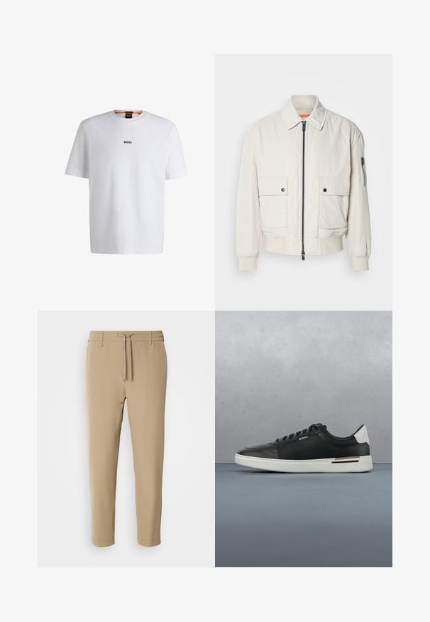 Chaqueta bomber ligera de crema con cremallera frontal, dos bolsillos delanteros, puños acanalados y una textura suave. Presenta un sutil acento naranja en el interior del cuello.; Camiseta de algodón blanca de manga corta, con un logotipo negro "BOSS" centrado en el pecho y un diseño de cuello redondo.; Pantalones beige con corte cónico, cintura elástica y cordón ajustable. Tejido suave con un diseño limpio y sin patrones ni herrajes visibles.; Zapatilla de cuero negra con suela blanca, cuenta con perforaciones, diseño de cordones, logo en el costado y detalle del talón en blanco y marrón.