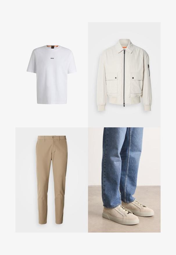 Leichte Bomberjacke aus Creme mit Reißverschluss vorne, zwei Fronttaschen, gerippten Bündchen und einer glatten Textur. Verfügt über einen dezenten orangen Akzent innen am Kragen.; Weißes Baumwoll-T-Shirt mit kurzen Ärmeln, ausgestattet mit einem schwarzen "BOSS"-Logo, das mittig auf der Brust platziert ist, und einem runden Halsausschnitt.; Beige Hose aus glattem Stoff mit geradem Schnitt, ausgestattet mit einem Knopfverschluss und frontalen Taschen, ergänzt durch Gürtelschlaufen.; BOSS GARYTENN_SDHDEL - Sneaker low - natural ten