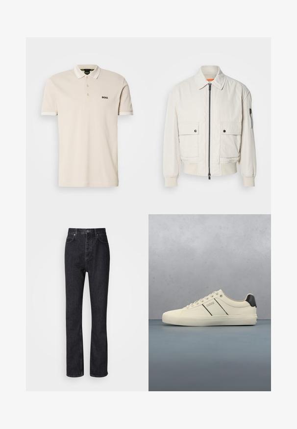 Chaqueta bomber ligera de crema con cremallera frontal, dos bolsillos delanteros, puños acanalados y una textura suave. Presenta un sutil acento naranja en el interior del cuello.; Camisa polo beige con cuello, tapeta de tres botones y logo negro bordado en el lado izquierdo del pecho. Mangas cortas con acentos blancos.; Jeans de mezclilla negros de cintura alta con cierre de botón y cremallera, bolsillos frontales y traseros, y corte recto.; Zapatillas de color crema con una textura suave, que presentan acentos y marcas en negro. Diseño clásico de cordones con punta redonda y suela de goma.