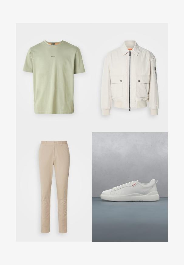 Lettet crembomberjakke med lynlås foran, to brystlommer, ribbede manchetter og en glat tekstur. Har en subtil orange accent indeni kraven.; Olivengrøn kortærmet T-shirt lavet af blødt stof, med rund halsudskæring og et lille "BOSS"-logo trykt i midten.; Beige bomuldsbukser med lige ben, der har lynlåsgylpter, sidelommer og diskrete syninger. Glat tekstur.; Hvide sneakers med en glat læderfinish, rund tå, fire snørehuller, subtile perforeringer og en rød logo detalje på siden.