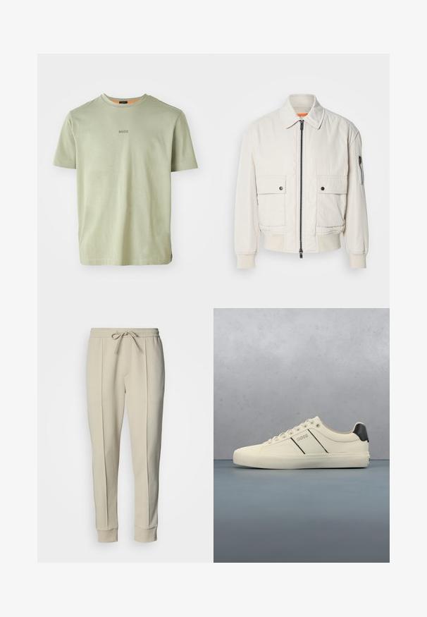 Chaqueta bomber ligera de crema con cremallera frontal, dos bolsillos delanteros, puños acanalados y una textura suave. Presenta un sutil acento naranja en el interior del cuello.; Camiseta de manga corta verde oliva hecha de tela suave, con un cuello redondo y un pequeño logo "BOSS" impreso en el centro.; Pantalones deportivos beige con cintura de cordón, piernas estrechas y bolsillos laterales. Hechos de una mezcla de algodón suave con una textura lisa.; Zapatillas de color crema con una textura suave, que presentan acentos y marcas en negro. Diseño clásico de cordones con punta redonda y suela de goma.