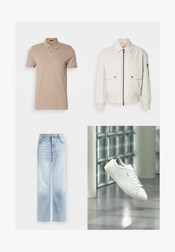 Chaqueta bomber ligera de crema con cremallera frontal, dos bolsillos delanteros, puños acanalados y una textura suave. Presenta un sutil acento naranja en el interior del cuello.; Polo beige de algodón, con un cierre de dos botones, mangas cortas y un discreto parche de logo en el pecho. Interior del collar acentuado en naranja.; Vaqueros azul claro de talle alto y pierna recta con bolsillos delanteros, trabillas para cinturón y cierre de botón.; Zapatilla deportiva de piel blanca de corte bajo con cordones, lengüeta negra en el talón y logo "BOSS", flotando en interiores cerca de una pared de bloques de vidrio y suelo pulido.