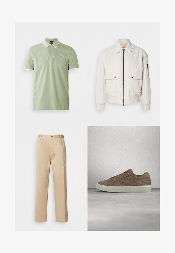 Veste bomber légère en crème avec fermeture éclair sur le devant, deux poches avant, poignets côtelés, et une texture lisse. Présente un subtil accent orange à l'intérieur du col.; Polo shirt vert clair en coton, avec un col classique, une patte de boutonnage à deux boutons et des finitions blanches au col et aux manches. Logo carré sur la poitrine.; Pantalons beiges en tissu léger, avec une coupe droite, une taille avec passants de ceinture et une fermeture à bouton sur le devant.; Baskets en cuir tressé marron avec lacets beige et semelle blanche, flottant au-dessus d'un sol en béton poli près d'un mur en blocs de verre.