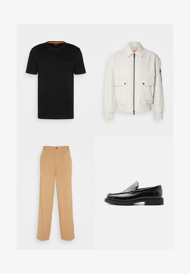 Veste bomber légère en crème avec fermeture éclair sur le devant, deux poches avant, poignets côtelés, et une texture lisse. Présente un subtil accent orange à l'intérieur du col.; T-shirt noir à manches courtes fabriqué en tissu doux, avec un col rond et un logo discret à l'avant. Le col intérieur comporte un accent orange.; Pantalons larges beiges en tissu doux, dotés de deux poches avant, d'une fermeture à bouton et de plis le long des jambes.; Mocassin en cuir noir avec semelle en caoutchouc épaisse, dessus cousu et nom de marque embossé sur le talon, présenté de profil sur fond blanc.