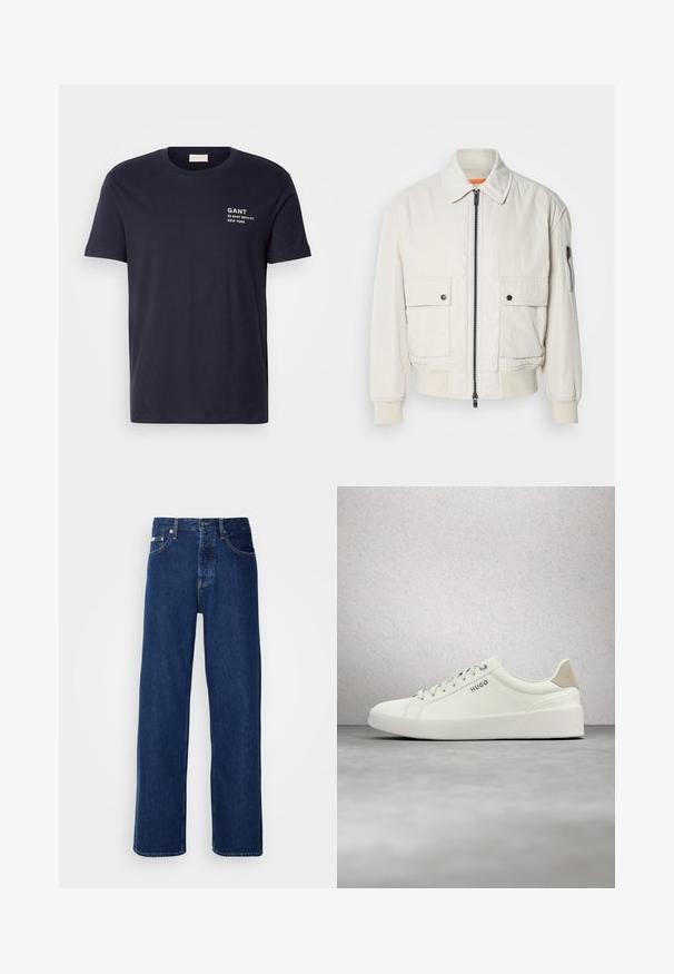 Lichtgewicht crème bomberjack met een ritssluiting aan de voorkant, twee voorzakken, geribde mouwen en een soepele textuur. Bevat een subtiele oranje accent binnenin de kraag.; Navy blauwe katoenen t-shirt met korte mouwen, een ronde hals en witte bedrukte tekst: "GANT 32 EAST 39TH ST. NEW YORK" op de borst.; Donkerblauwe denim jeans met een wijdbeen ontwerp, voorzien van een knoopsluiting en klassieke vijf-pocket styling. De stof heeft een gladde textuur.; Witte lage sneaker met veters en beige hielstuk, met het merk "HUGO", zwevend boven een gepolijste betonnen vloer in de buurt van een wand van glasblokken.