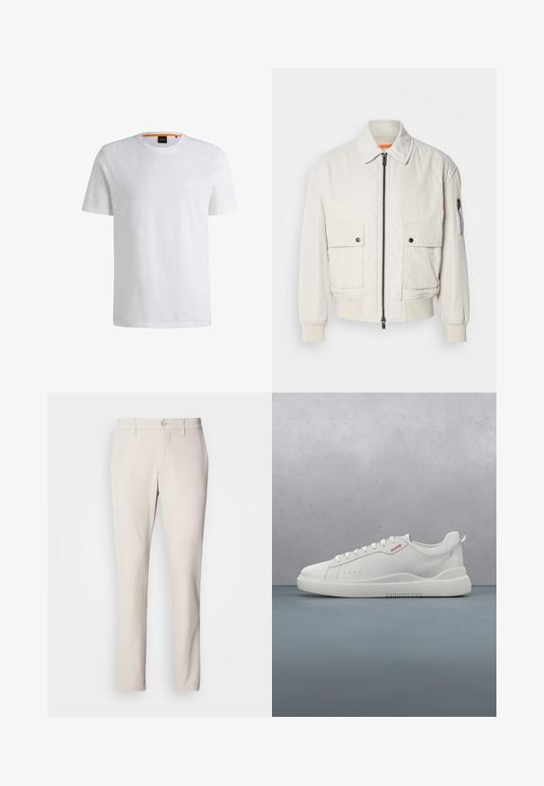 Chaqueta bomber ligera de crema con cremallera frontal, dos bolsillos delanteros, puños acanalados y una textura suave. Presenta un sutil acento naranja en el interior del cuello.; Camiseta de algodón blanca con mangas cortas y cuello redondo. Presenta un sutil parche de logo en el frente y un acento naranja en el cuello.; Pantalones beige de corte ajustado, con cierre de botón en la parte delantera, diseño de frente plano y corte recto, confeccionados en una suave mezcla de algodón.; Zapatilla blanca con un acabado de cuero liso, punta redonda, cuatro ojales, perforaciones sutiles y un detalle de logo rojo en el lateral.